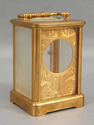19thc Antique Gold Gilt Bronze Carriage Clock Case Frosted Cut Glass Panels,  Nr