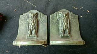 Antique Green Art Deco Cast Iron Owl Bookends.  Vintage.  Great Shape.  Rare