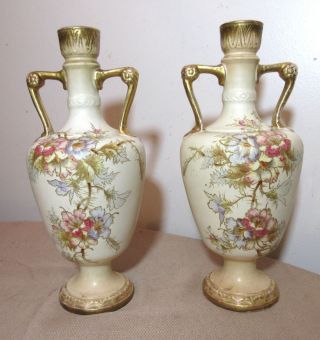 2 Antique Hand Painted Royal Bonn German Floral Gilt Porcelain Vases