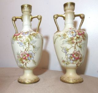 2 antique hand painted Royal Bonn German floral gilt porcelain vases 2