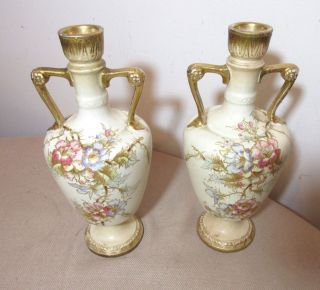 2 antique hand painted Royal Bonn German floral gilt porcelain vases 3