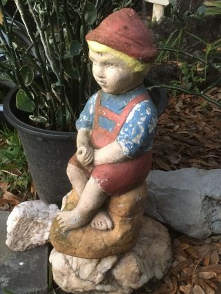 Vintage Old Americana Fishing Dock Boy Cement Concrete Lawn Garden Statue Jockey