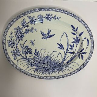 Antique Ironstone Blue Transferware Big Platter Tgb Hawthorn Bird Flowers