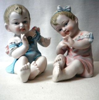 Antique Numbered German Piano Baby Bisque Porcelain Baby Girl & Boy Set (2)