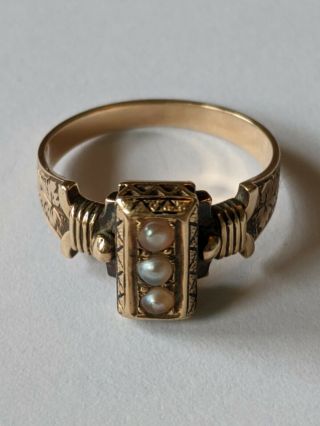 Antique Victorian 14k Gold Black Enamel Seed Pearl Ring Size 6 1/2