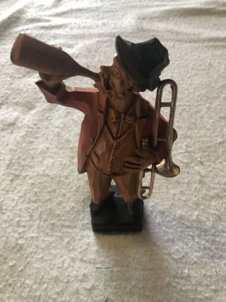 Black Forest Carved Figurine Drinking Man With Trombone 8 - 1/2” Tall