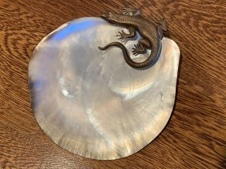Authentic Polished Mother Of Pearl Shell Dish With Brassy Bronze Metal Lizard