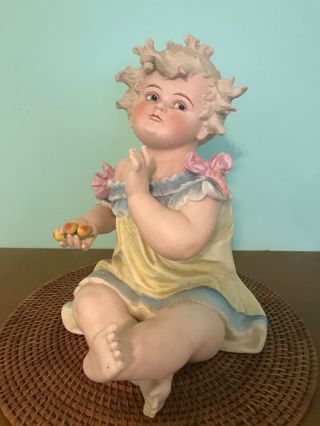 Large Antique German Bisque Conta & Boehme Porcelain Piano Baby Girl With Fruit