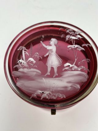 Antique Mary Gregory Painted Cranberry Glass Trinket Or Pill Box Victoria Era