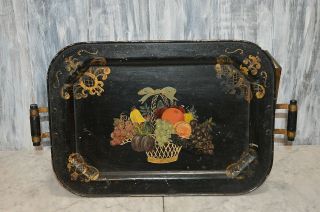 Antique Black Metal Fruit Basket Tole Tray With Handles Toleware