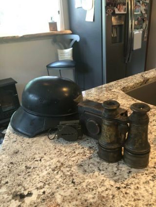 Vintage Steel Military Helmet,  Compass,  Binoculars And Camera