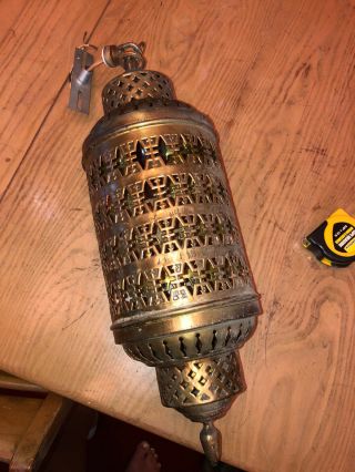 Vintage Moroccan Hanging Lamp Lantern Pierced Metal Electric Brass Light
