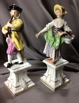 Antique Dresden? 19th Porcelain Hand Painted Signed Pair Figure Pedestals Season