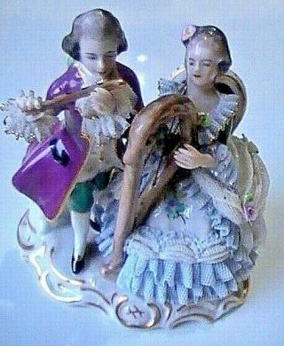 Exquisite Dresden Germany Victorian Porcelain Lace Figurine Man & Lady Musical