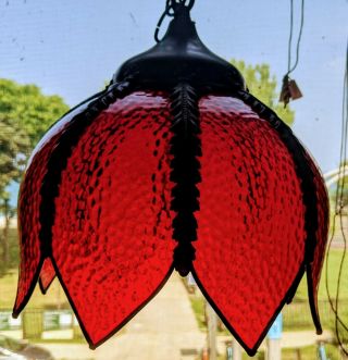 Vintage Red Glass And Brass Swag Lamp