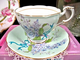 Paragon Tea Cup And Saucer Painted Lilac Floral Blue Ribbon Teacup Pastel Green