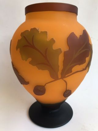 Vtg Or Antique Deco Acid Etched Cameo Orange Acorn Autumn Foliage Art Glass Vase