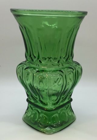 Vintage Emerald Green Glass Vase 7.  75 " Tall Square Base Dots & Ovals Lobed Urn