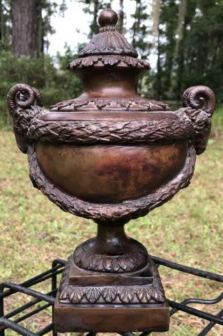 Maitland Smith Bronze Patina Metal Neo Classical Urn & Lid With Ram Goat Heads
