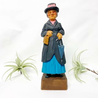 By Hannah Rose Folk Art Old Lady W/ Umbrella Handcarved Woodcarving 12”