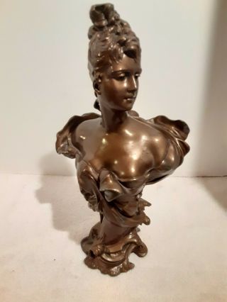 Antique J.  Fairo Signed Bronze? Metal Victorian Woman Bust Statue Art Nouveau