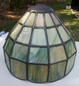 Antique Arts & Crafts Green Slag Glass Paneled Lamp Shade 2