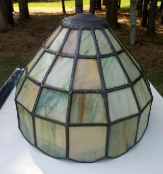 Antique Arts & Crafts Green Slag Glass Paneled Lamp Shade 3