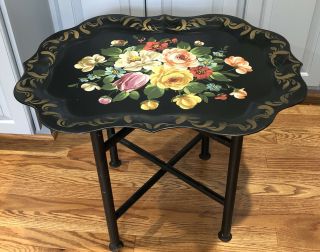 Vintage Art Gift Hand Painted Floral Tole Toleware Tray W/ Stand Made Phila Pa