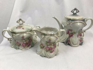 Antique Victoria Schmidt Austria Porcelain Teapot Sugar Creamer Set