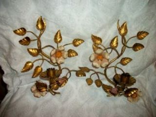 Italian Tole Gilt Wild Roses Candle Sconces Old Label Vintage Mid Century