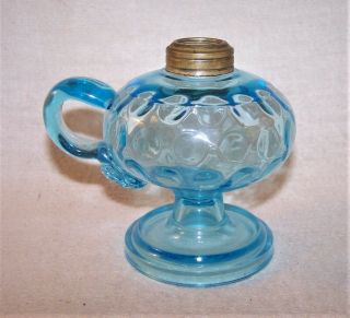 Fine Antique Finger Oil Lamp - Blue - Coin Spot / Dot Glass - Estate
