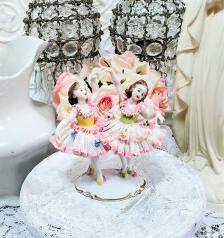 Antique Dresden Lace Porcelain Figurine Double Ballerina Girls Dancing Volkstedt
