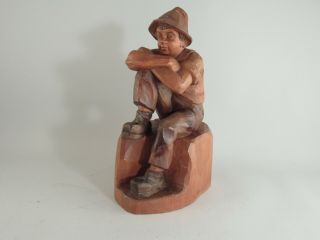 Vintage Black Forest Wood Carving Sitting Boy 11 1/4 " Tall