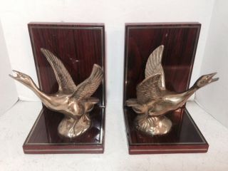 Brass And Wood Duck In Flight Bookends Home Office Library Decor