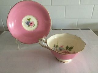 Vtg Paragon Pink Cabbage Roses On Pink Footed Tea Cup Saucer Gold Trim