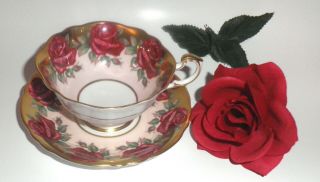 Vintage Paragon Tea Cup & Saucer Red Cabbage Roses In Pink & Gold