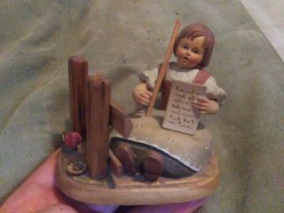 Vintage Anri Italian Italy Carved Wood Figurine Hand Painted Carved Girl/letter