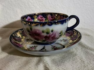 Vintage Tiny Bone China Teacup & Saucer Set Of 6 Cobalt Blue W/flowers 5.  5 Oz