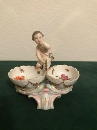 Antique Kpm Hand Painted Porcelain Double Salt With Central Cherub Figure