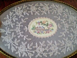 Vintage Tray Bronze Filigree With Delicate Embroidery Gobelin