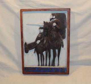 Vintage Antique Hand Carved Thick Wood Panel Of Don Quixote & Sancho Panza