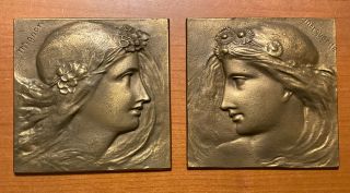Mignon & Marguerite Antique Pair Art Nouveau Bronze Relief Plaques Women Maidens