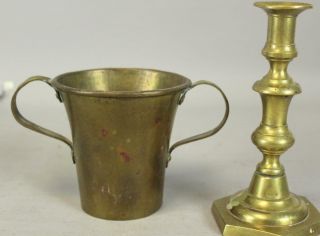 Rare Early 18th C Queen Anne Brass Double Handle Mug In Old Surface & Color