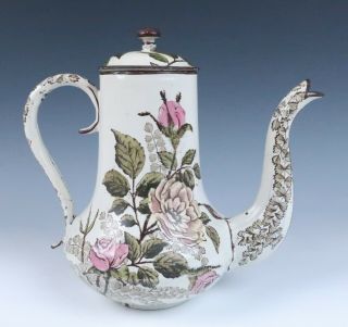 Antique French Enamelware Teapot Coffee Pot W/ Roses Metal Enamel Ware Kitchen