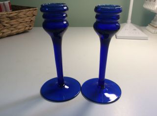 Vintage Cobalt Blue Glass Single Light Candlesticks Set Of 2 About 5 3/8” Tall