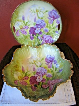 Antique P.  T.  Bavaria Hand Painted Porcelain Bowl & Cake Plate Iris Flowers