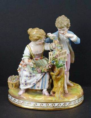 Antique Dresden Carl Thieme Porcelain Figural Group Figurine.  Cross T Mark
