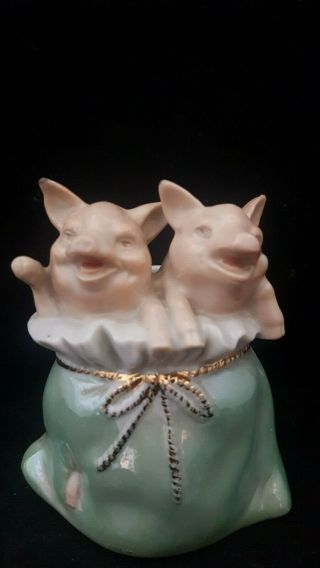 Victorian Pig Fairing " Money Box " German Porcelain " Piggy Bank " Pigs In Bag