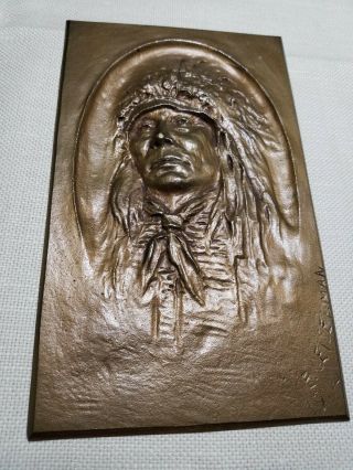 Antique 1914 Bronze High Relief Plaque By E.  Geiselman Native American Chief