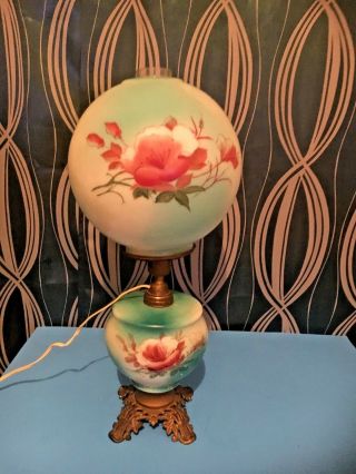 Antique Victorian Gone With The Wind Banquet Parlor Lamp With Pink Flowers